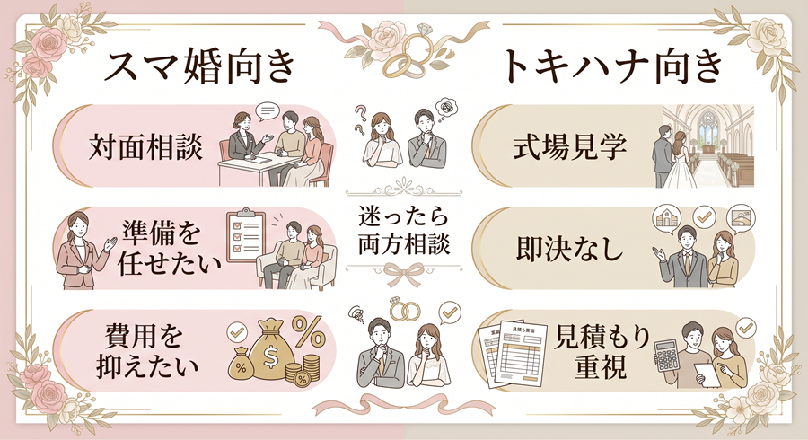 スマ婚とトキハナの最終判断チェック。対面相談や準備代行ならスマ婚、式場見学や見積もり重視ならトキハナ